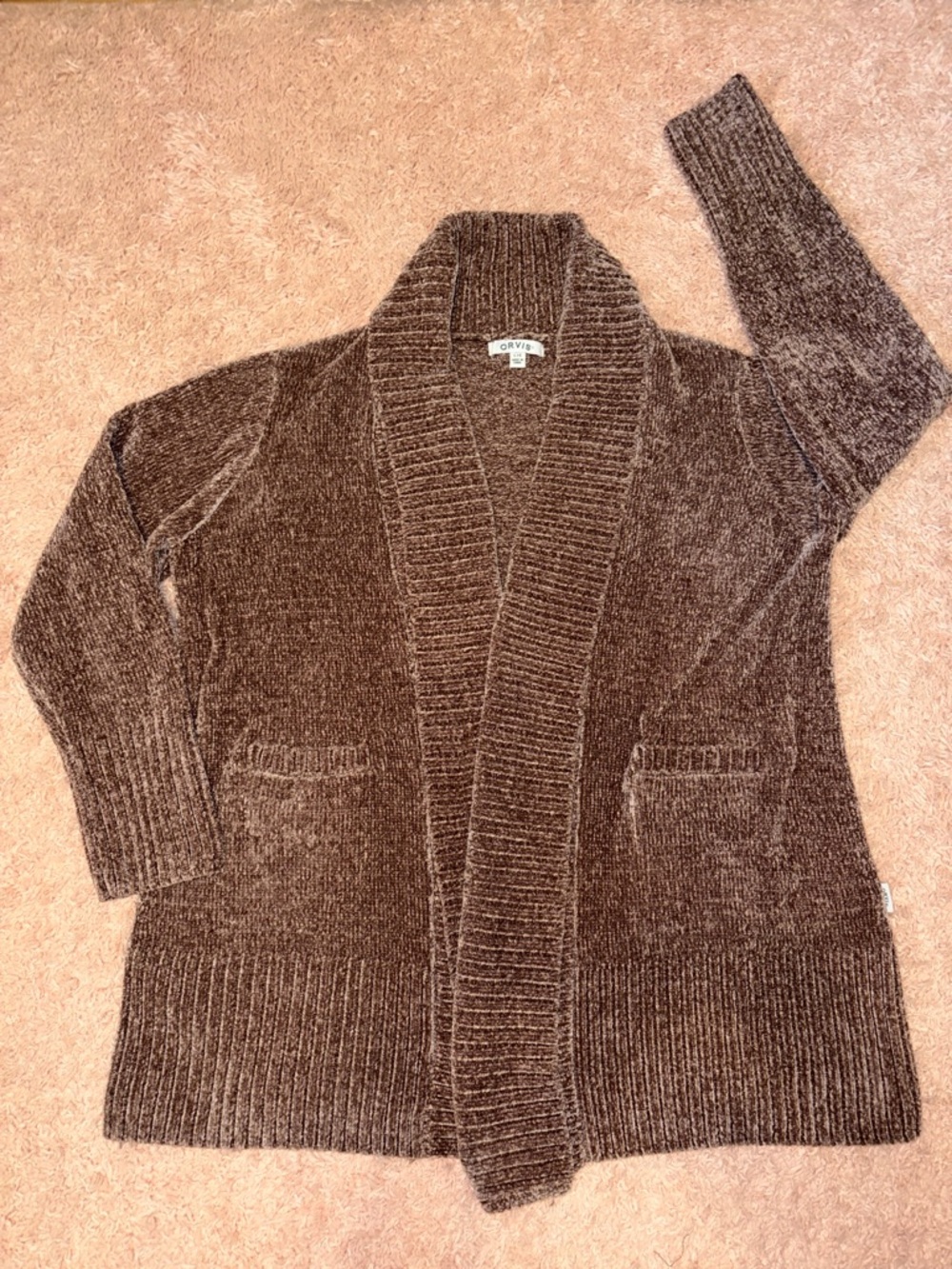 Orvis Chennille Taupe Fold open collar Cardigan Sweater Womens Large w/ pockets